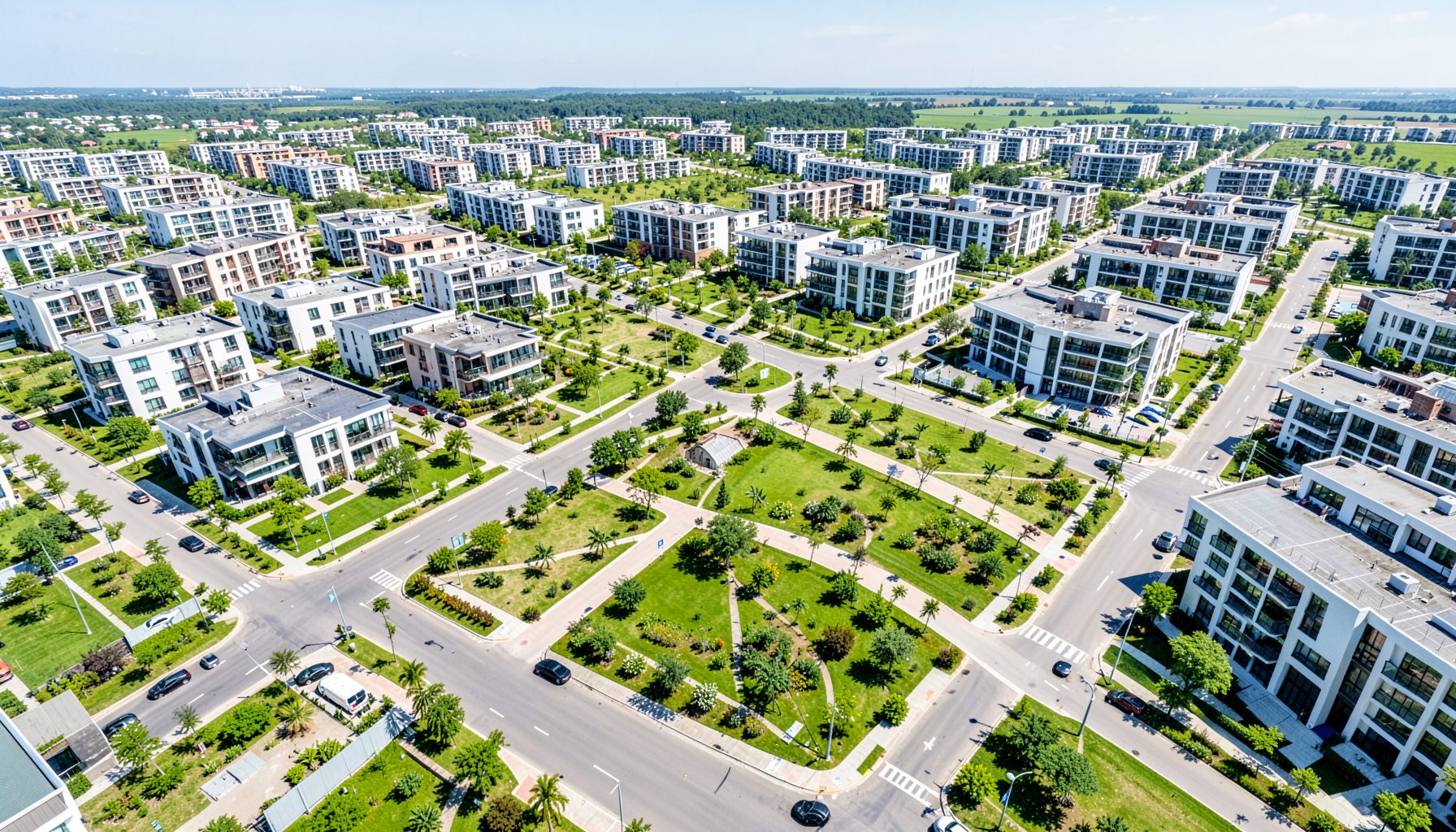 Aerial view of a large modern housing development with wide boulevards, landscaped green spaces, and contemporary residential buildings