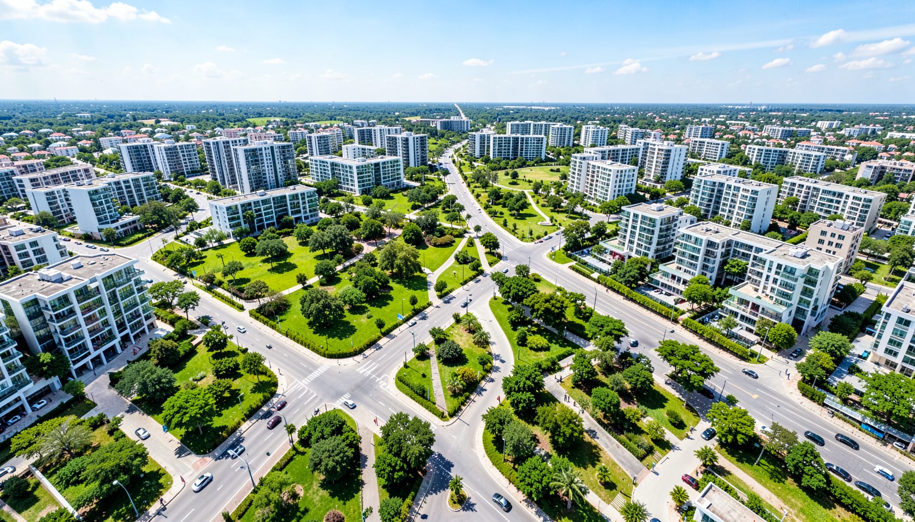 Aerial view of a modern planned urban development with wide boulevards, green parks, and contemporary residential blocks