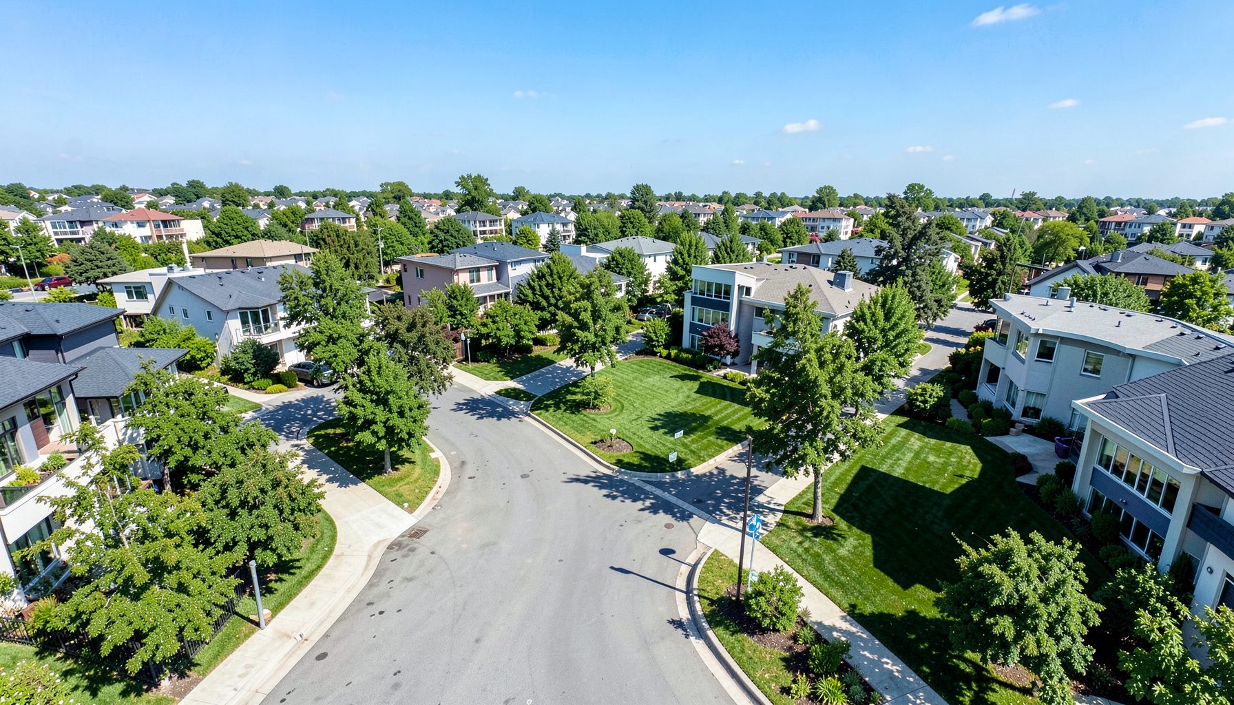 Aerial view of a modern residential neighborhood with tree-lined streets, manicured lawns, and contemporary houses under a bright sky