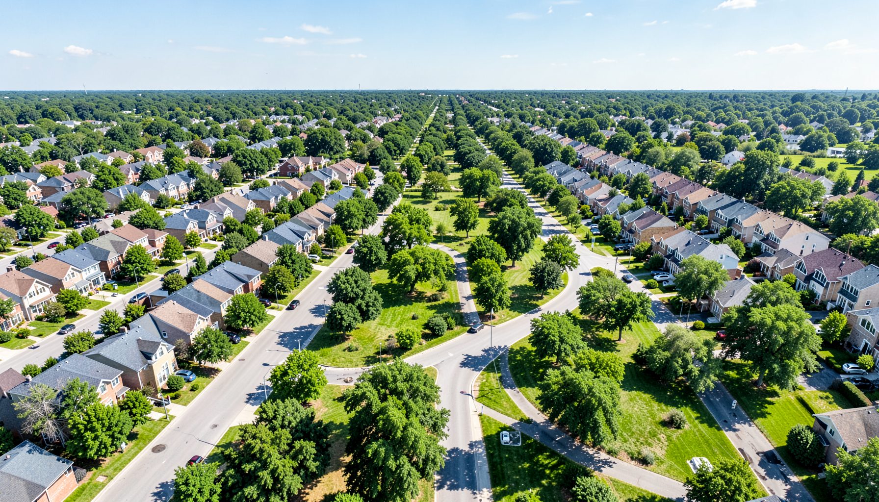 Aerial view of a planned residential community with wide tree-lined boulevards, neat rows of houses, and green park spaces under soft daylight
