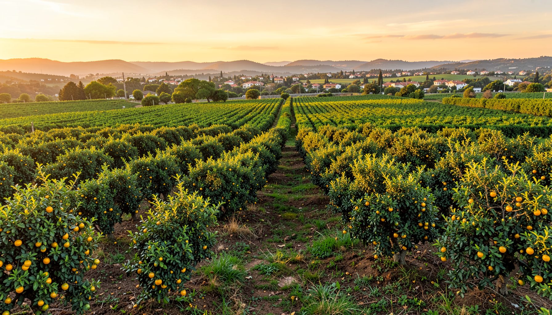 Expansive orchard landscape with rows of citrus trees, green farmland, and a distant view of residential plots under a warm sky