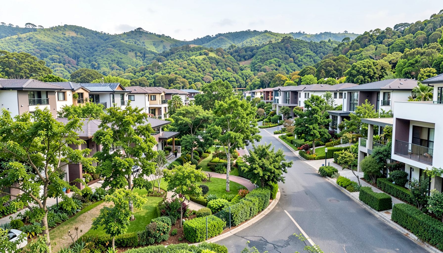 Master-planned residential community with tree-lined streets, modern villas, and manicured gardens set against a backdrop of hills