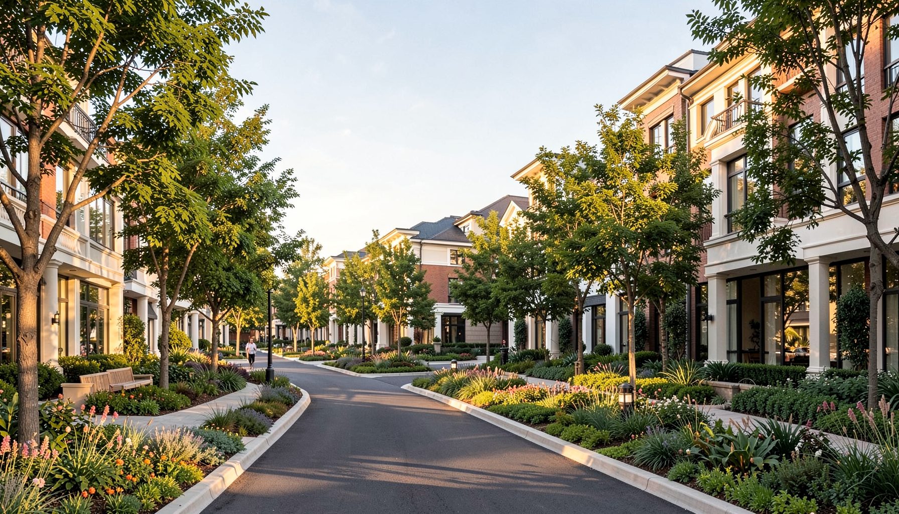 Modern residential community with landscaped gardens, wide tree-lined streets, and elegant house facades under a warm afternoon sky