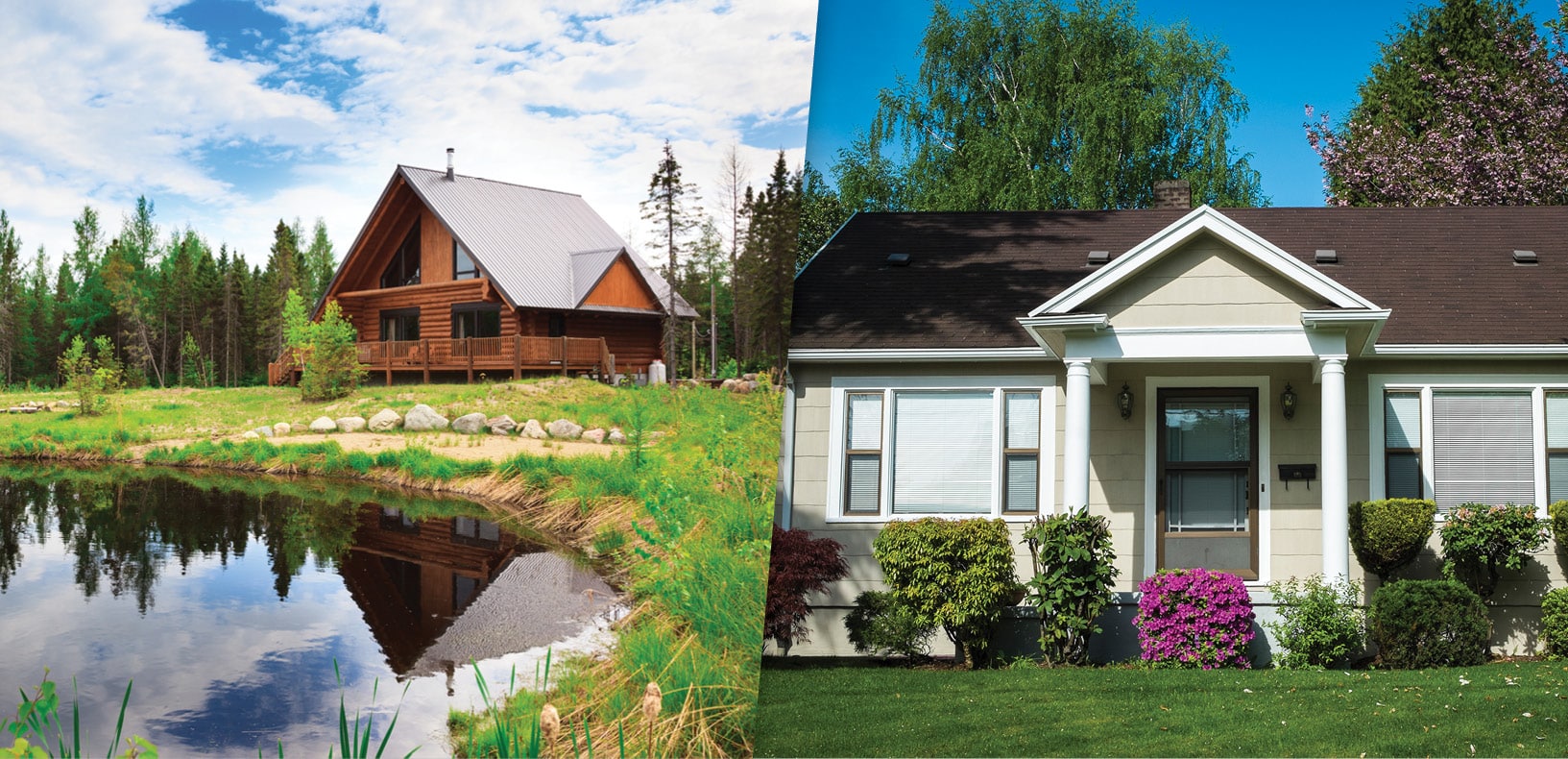 Split image showing a log cabin house by a pond surrounded by trees on left, and a modern suburban house with landscaped garden on right, serene and aspirational mood