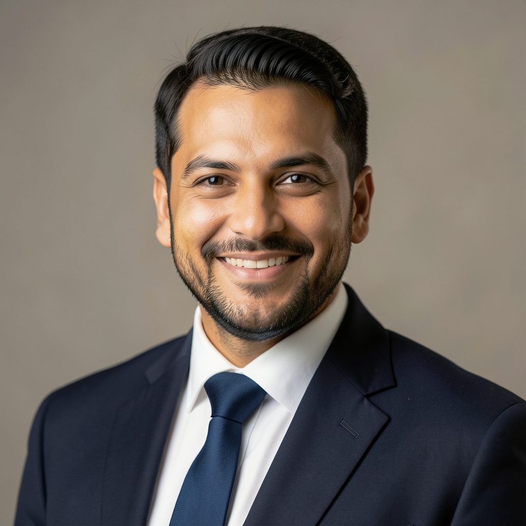 Professional headshot of a man in a dark suit against a neutral background, warm and confident expression