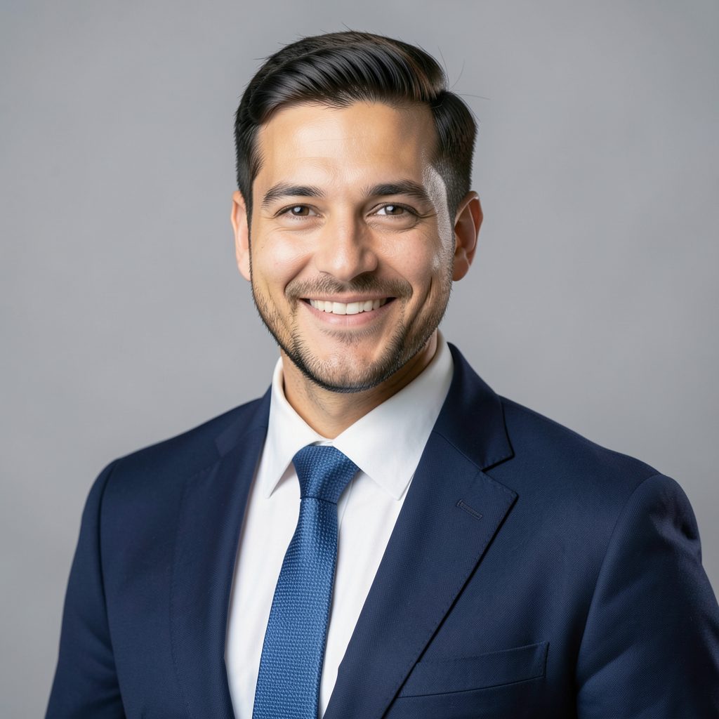 Professional headshot of a man in a sharp blazer with a friendly smile, clean and modern studio lighting