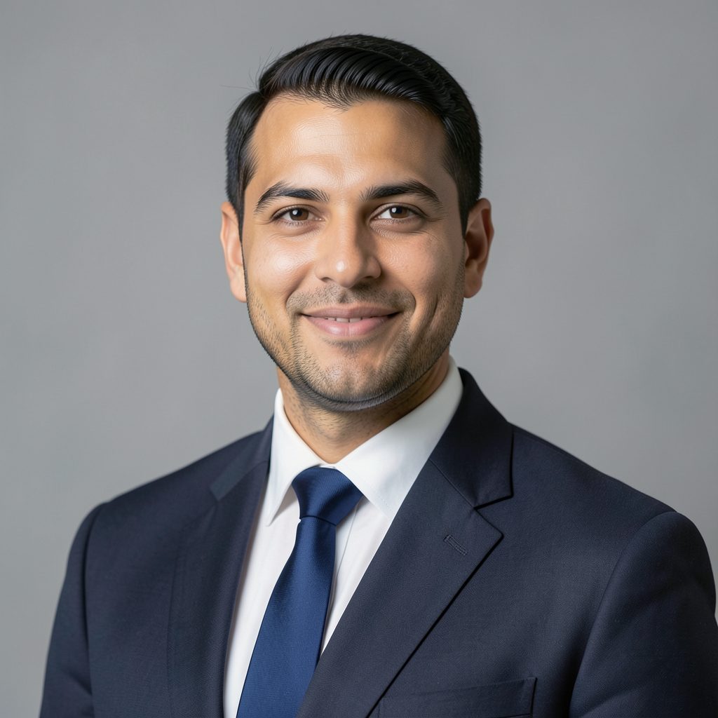 Professional headshot of a man in business attire with a composed and approachable demeanor, neutral backdrop