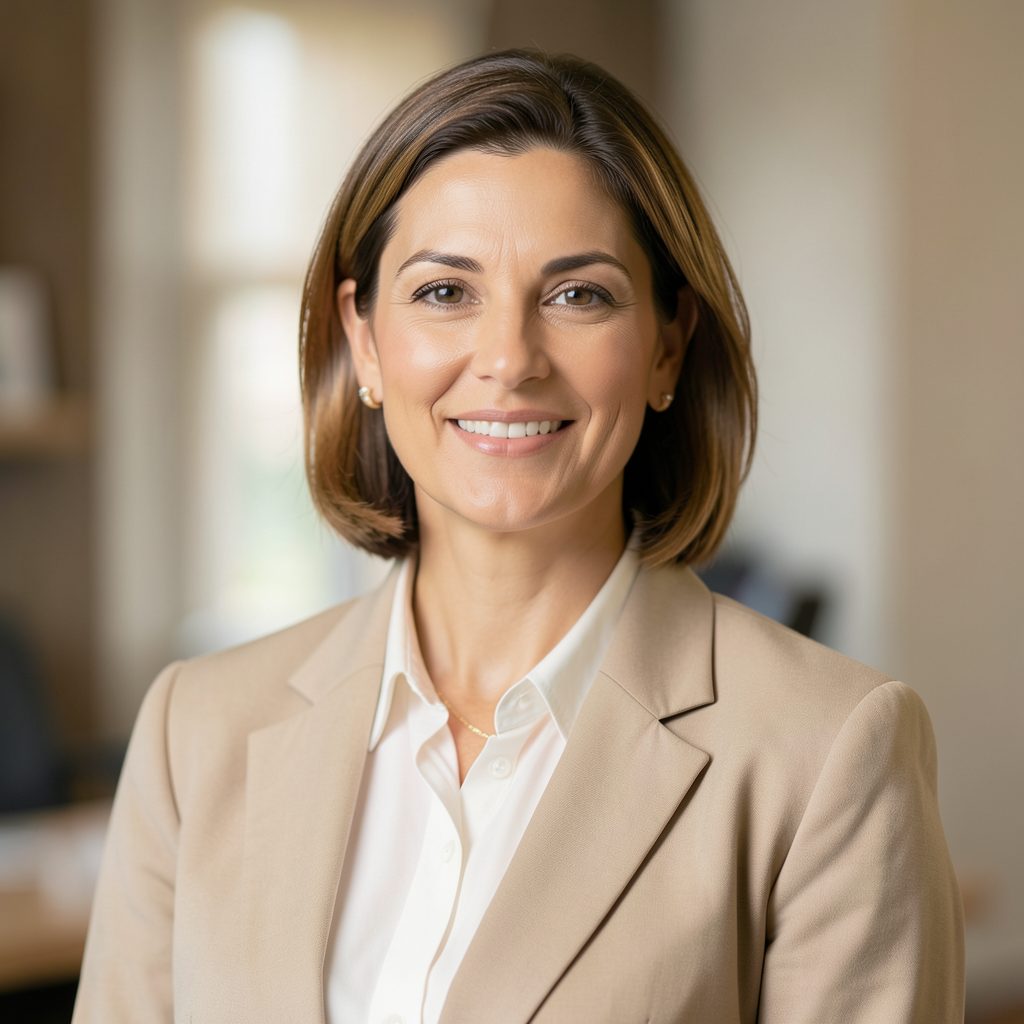 Professional real estate agent portrait in warm neutral tones