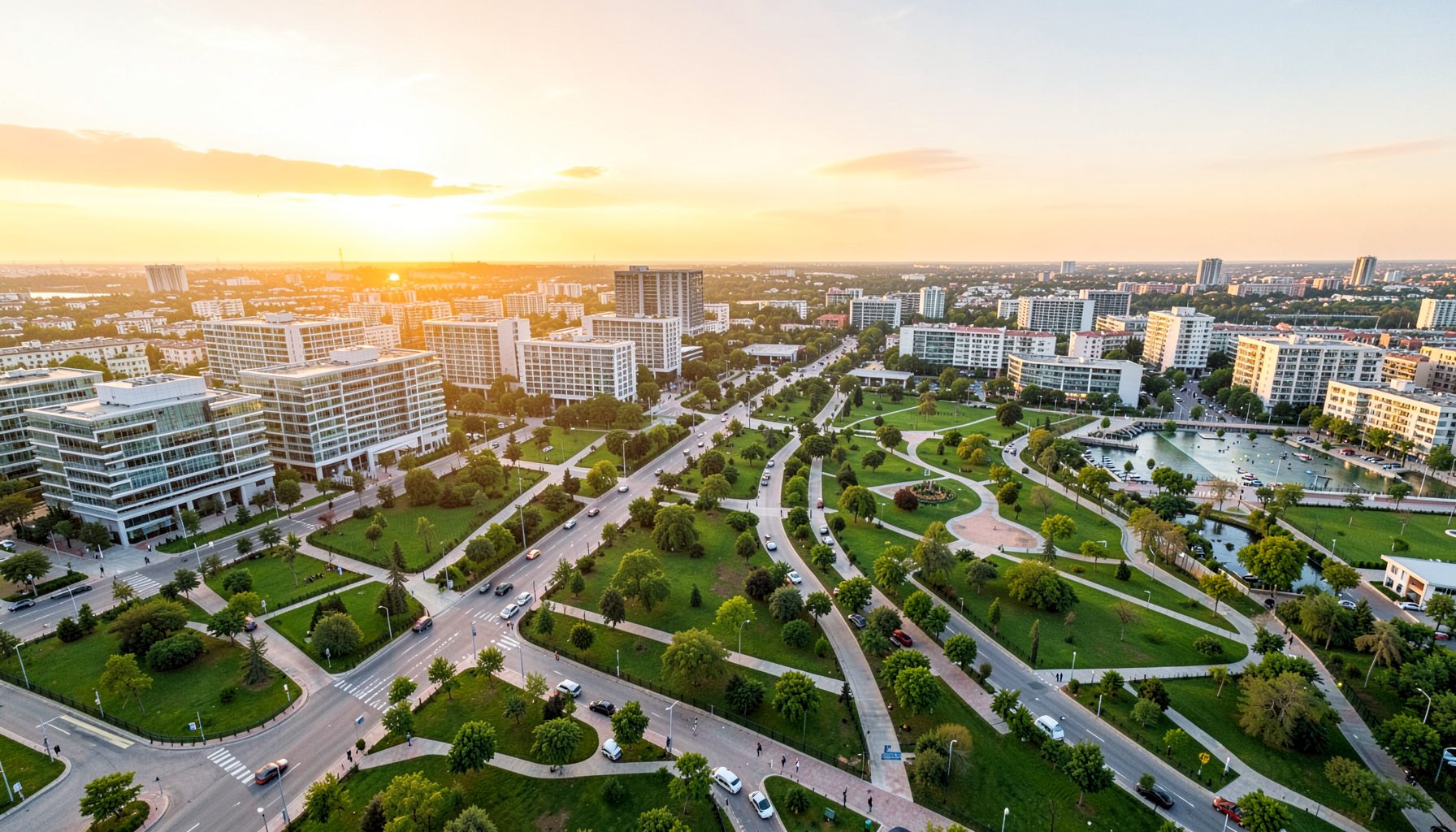 Wide aerial view of a modern planned city with green boulevards, contemporary buildings, and open park spaces under a warm golden sky