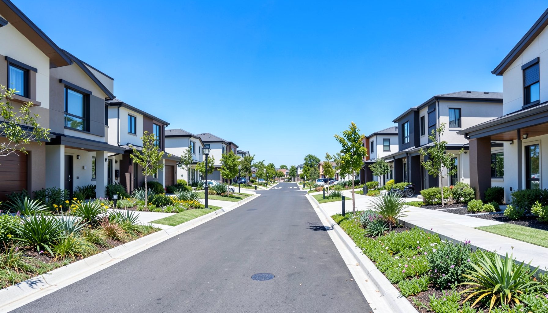 Wide view of a modern residential neighborhood with landscaped streets and contemporary houses under a bright blue sky